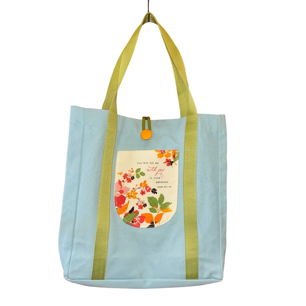 DaySpring Floral Scripture Canvas Tote Bag Blue Psalm 16:11 Medium Joy Pocket